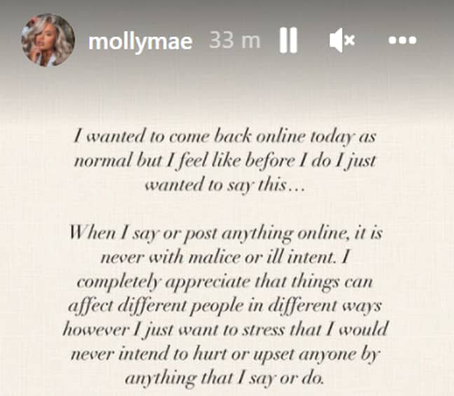 Molly-Mae Hague Statement After 24 Hours Backlash - @mollymae/ Instagram 